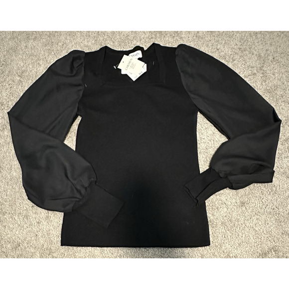 Carmen Marc Valvo S Blouse Ribbed Puff Sheer Sleeve Square Neck Black NWT - Picture 1 of 11